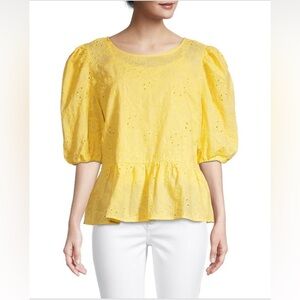 NANETTE Nanette Lepore yellow Puff Sleeve eyelet lace‎ Peplum Top blouse size XS